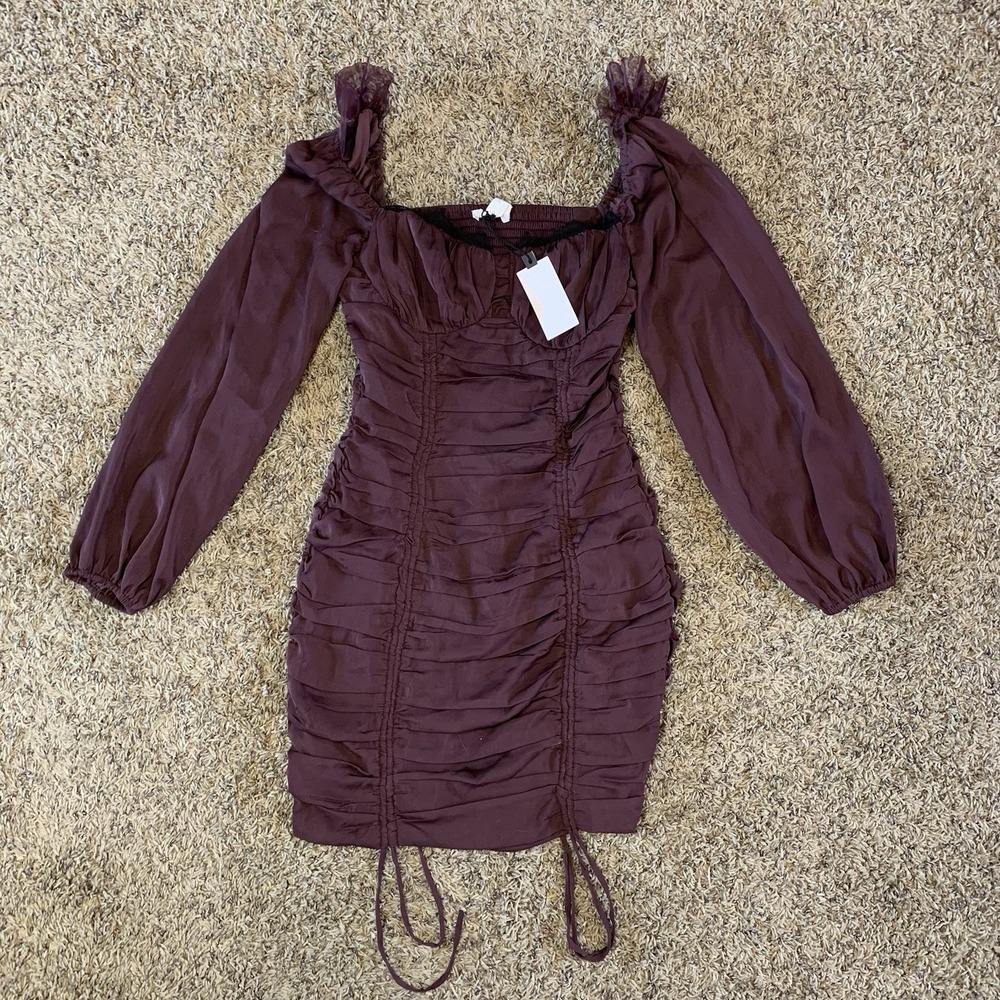 NWT ASTR The Label Mardi Dress Womens S Eggplant Purple Lace Trim Ruched Mini
